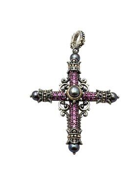 Barbara Bixby 3 Inch Cross Pendant 18K Gold Sterling Silver Pink Rhodolite Pearl
